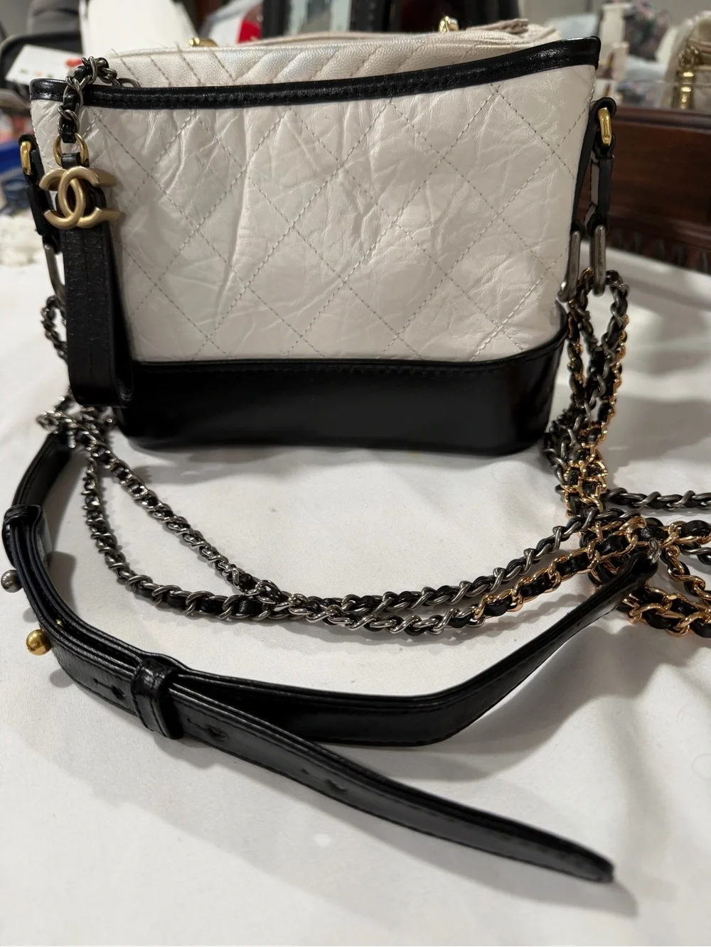 CHANEL Gabrielle Hobo Quilted two tone black-white aged calf skin small